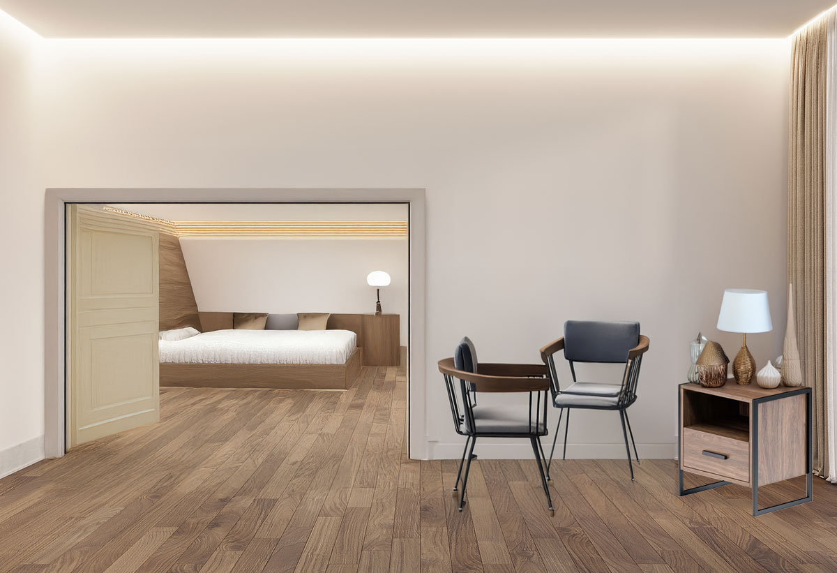 Το κομοδίνο δουκάς τοποθετημένο δίπλα στη γωνία ενός μεγάλου χώρου.